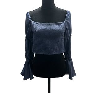 Lilicherry Womens Large Blue Smocked Crop Top Long Belle Sleeves Square Neckline